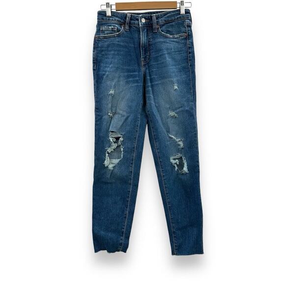 Old Navy O.G. Straight High Rise Dark Wash Distressed Ankle Jeans Sz 0 - Picture 1 of 12